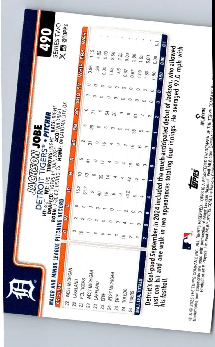 Jackson Jobe baseball card 2025 Topps #490 with player statistics for collectors