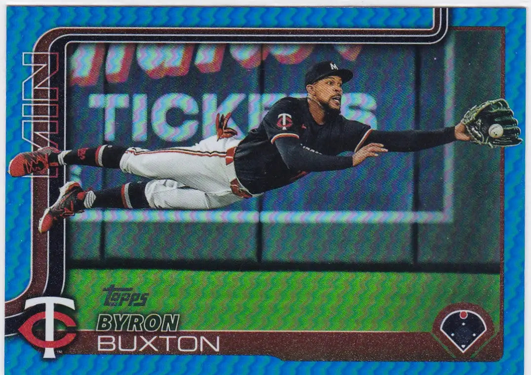 Baseball trading card of Byron Buxton Blue Minnesota Twins making a diving catch