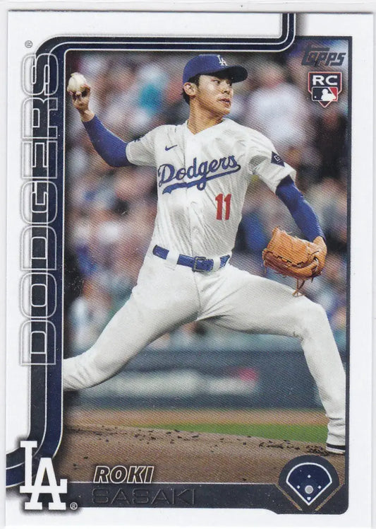 Baseball trading card featuring Roki Sasaki RC Los Angeles Dodgers pitcher