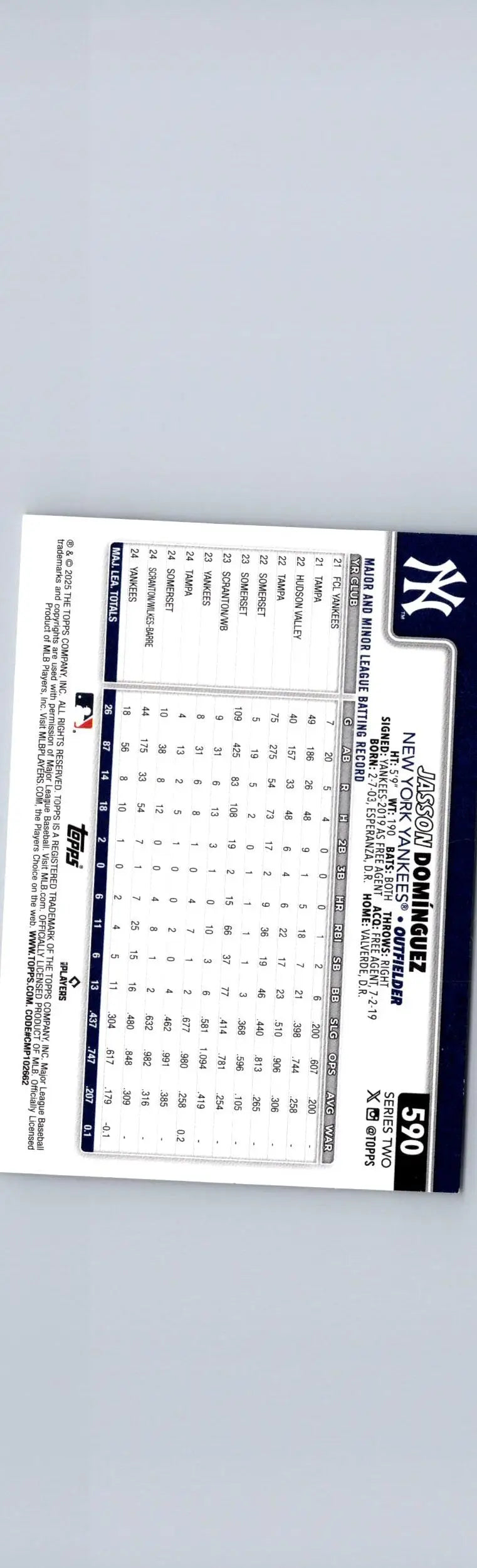 Baseball card of Jasson Domínguez from 2025 Topps #590 product