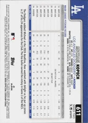 Baseball card back featuring original gloss of Michael Kopech NM-MT from 2025 Topps