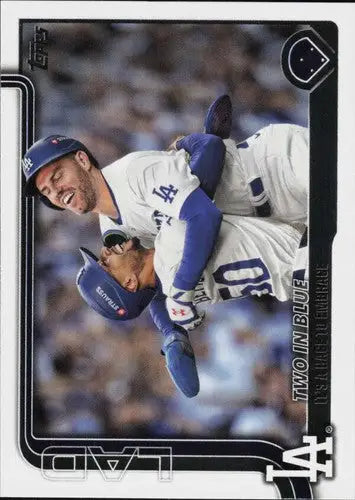 Baseball card featuring two Dodgers players celebrating from 2025 Topps combo card checklist with Mookie Betts