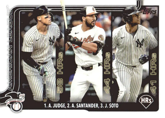 Baseball card featuring Aaron Judge, Anthony Santander, and Juan Soto from 2025 Topps