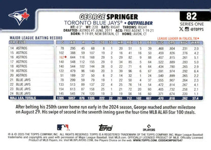 2025 Topps George Springer Toronto Blue Jays baseball card showcasing Toronto Blue