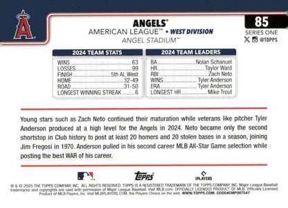 Back of 2025 Topps #85 Los Angeles Angels baseball card displaying player stats