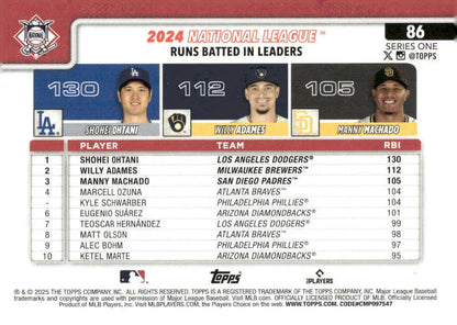 Baseball card featuring Manny Machado Shohei Ohtani and Willy Adames 2024 NL RBI leaders