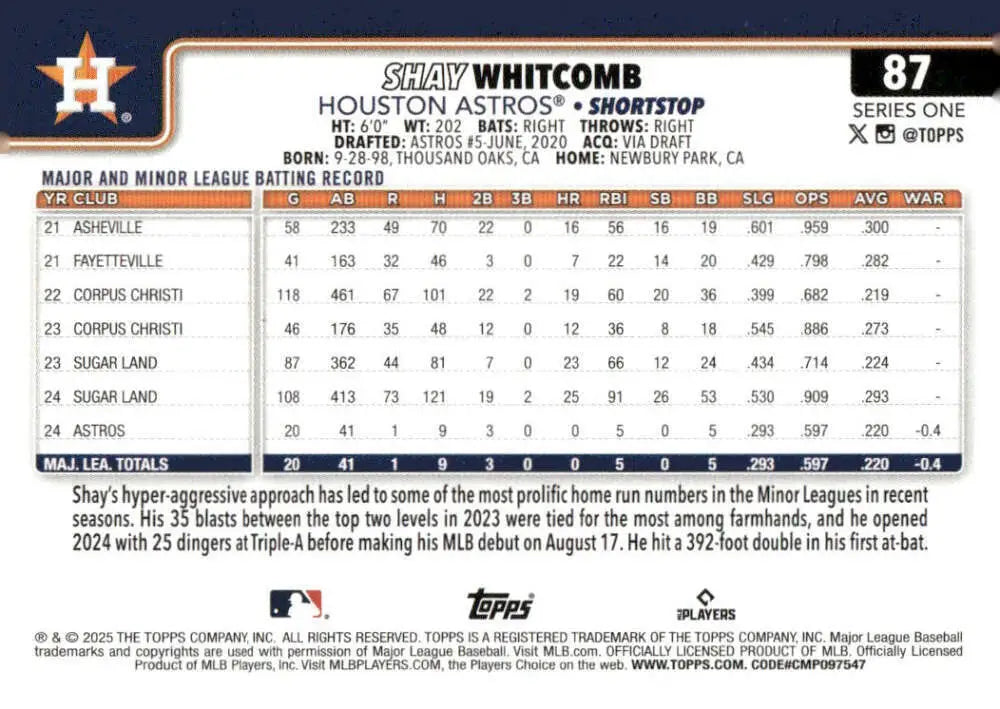 Shay Whitcomb Houston Astros baseball card from 2025 Topps #87 Rookie NM-MT