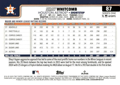 Shay Whitcomb Houston Astros baseball card from 2025 Topps #87 Rookie NM-MT