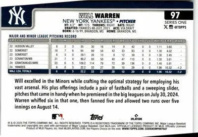Will Warren baseball card from 2025 Topps #97 featuring York Yankees player