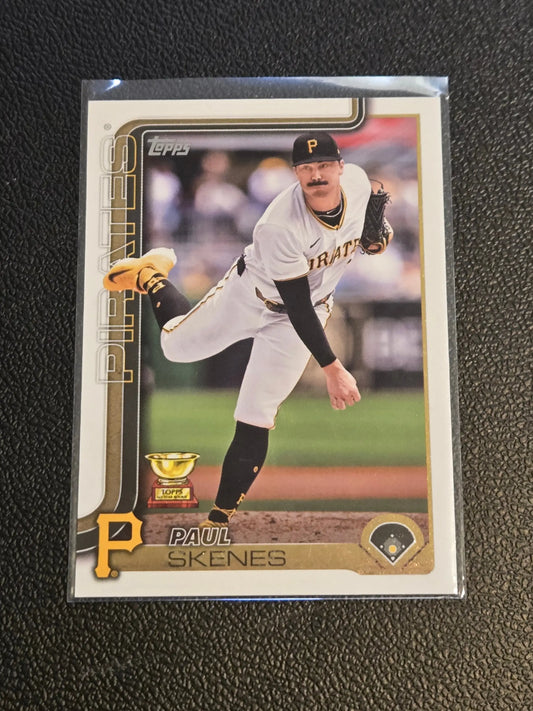 Paul Skenes baseball card in protective sleeve from 2025 Topps #98 collection