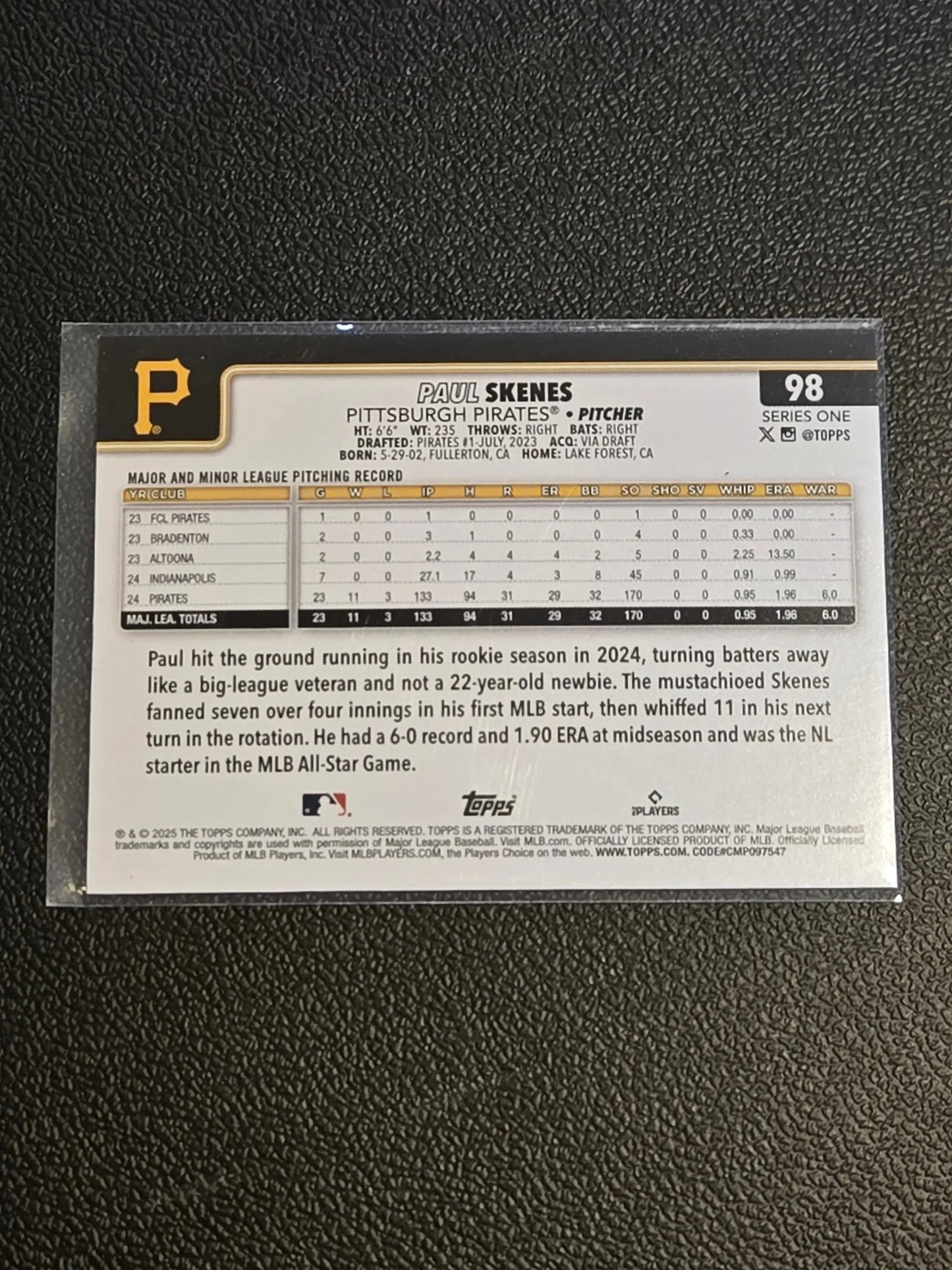 Baseball card featuring Paul Skenes, Pittsburgh Pirates pitcher from 2025 Topps #98