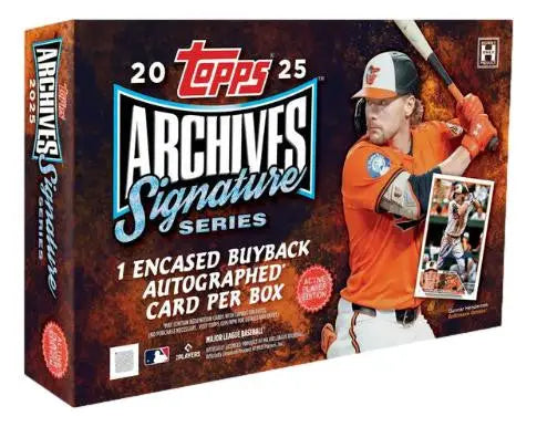 Box of 2025 Topps Archives Signature Series active player edition baseball cards with autographed buyback