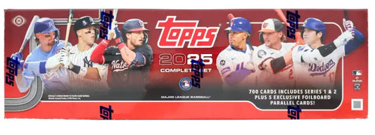 Red box of Topps Baseball Complete Set 2025 with 700 cards and exclusive parallels