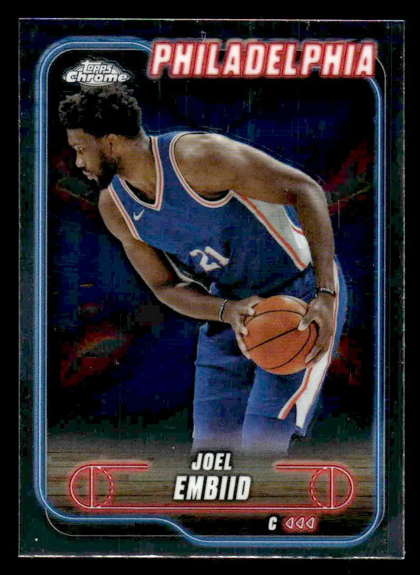 Joel Embiid basketball card from 2025 Topps Chrome featuring Philadelphia 76ers player