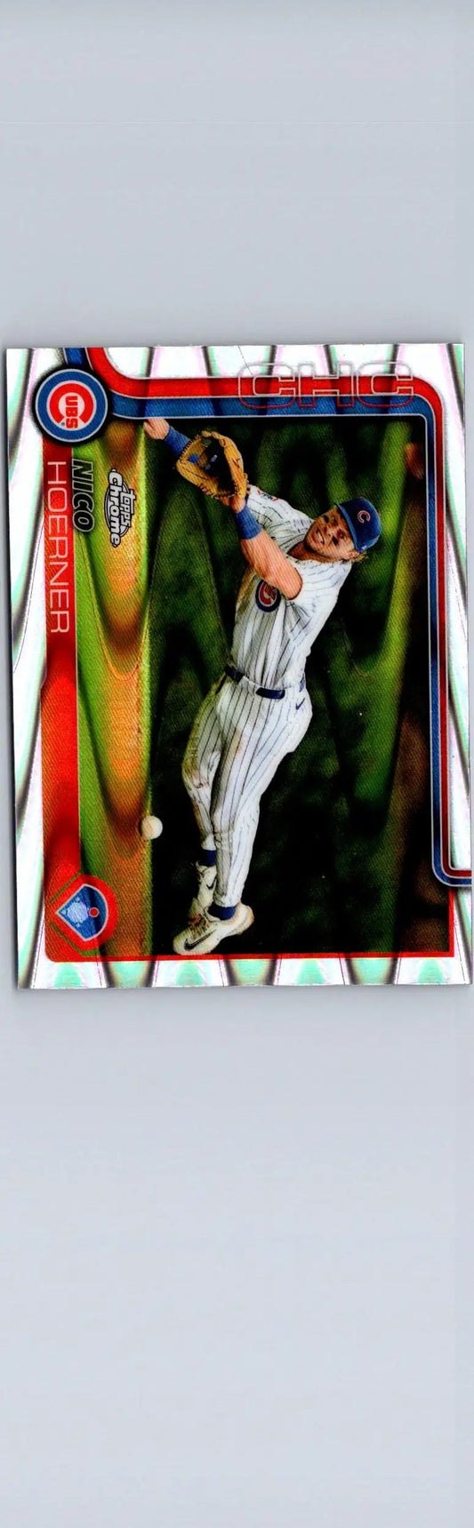 Baseball trading card of Nico Hoerner in Chicago Cubs uniform from 2025 Topps Chrome Hoerner Raywave Refractors