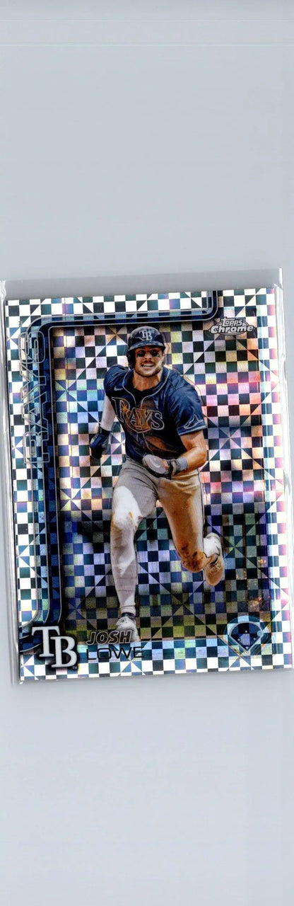 Baseball trading card featuring Josh Lowe in checkered holographic design from Topps Chrome