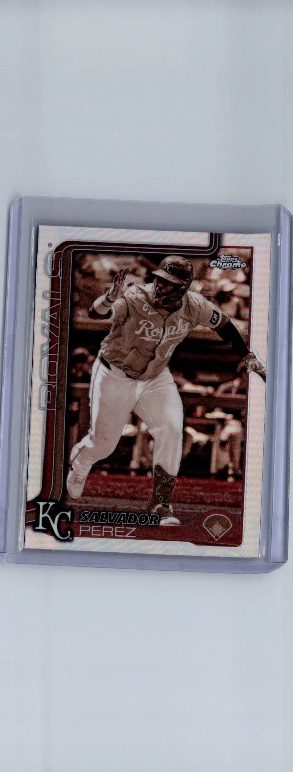 Baseball trading card of Salvador Perez Sepia Refractors from 2025 Topps Chrome