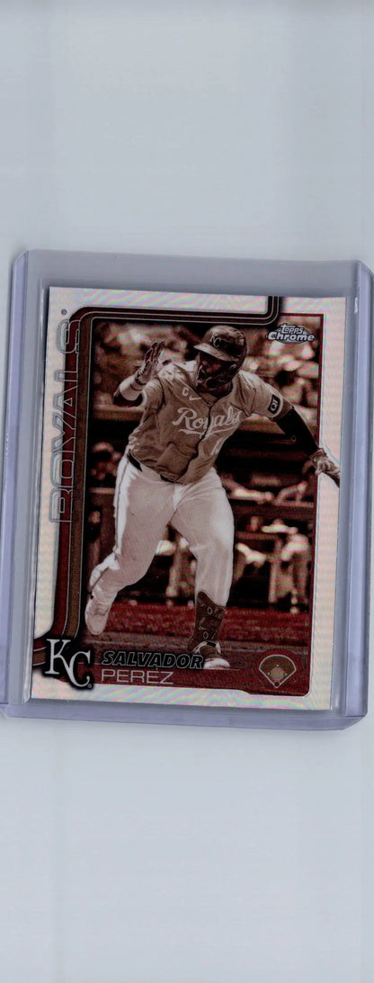 Baseball trading card of Salvador Perez Sepia Refractors from 2025 Topps Chrome