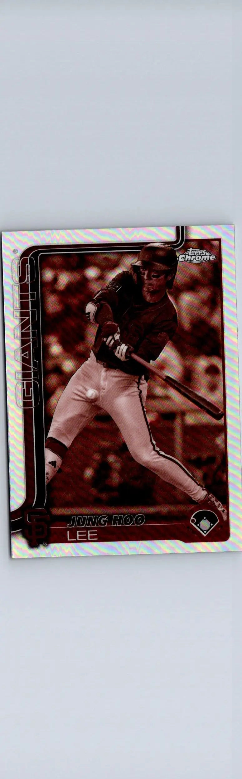 Baseball trading card featuring Jung Hoo Lee swinging a bat from 2025 Topps Chrome #119