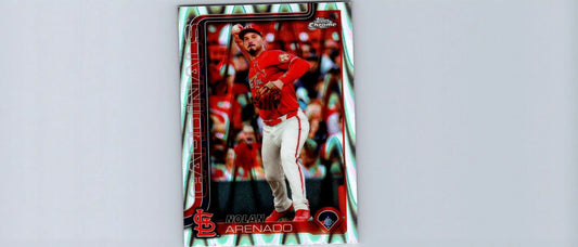 Baseball trading card featuring Nolan Arenado in a red uniform from 2025 Topps Chrome Arenado Raywave Refractors