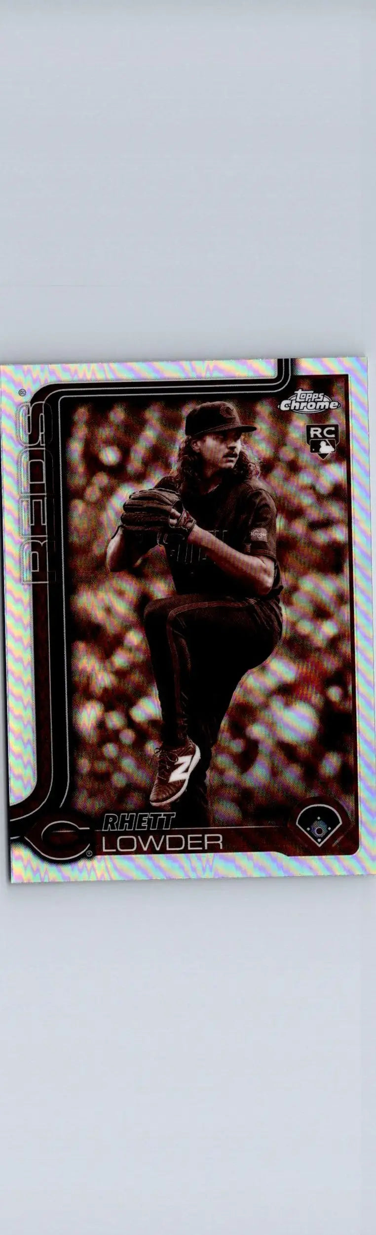 Baseball trading card of Rhett Lowder in dark uniform from 2025 Topps Chrome Sepia Refractors