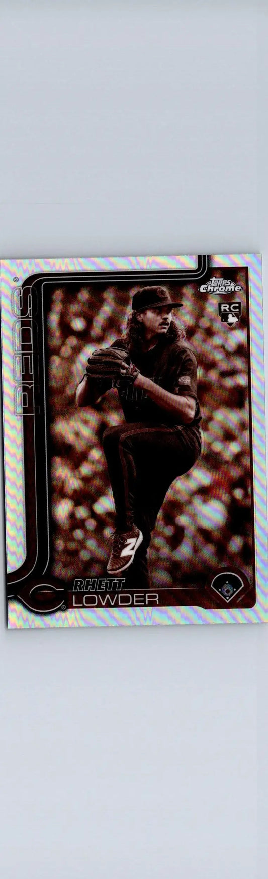 Baseball trading card of Rhett Lowder in dark uniform from 2025 Topps Chrome Sepia Refractors