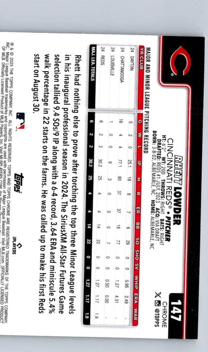 Baseball trading card of Rhett Lowder Sepia Refractors with stats and bio details