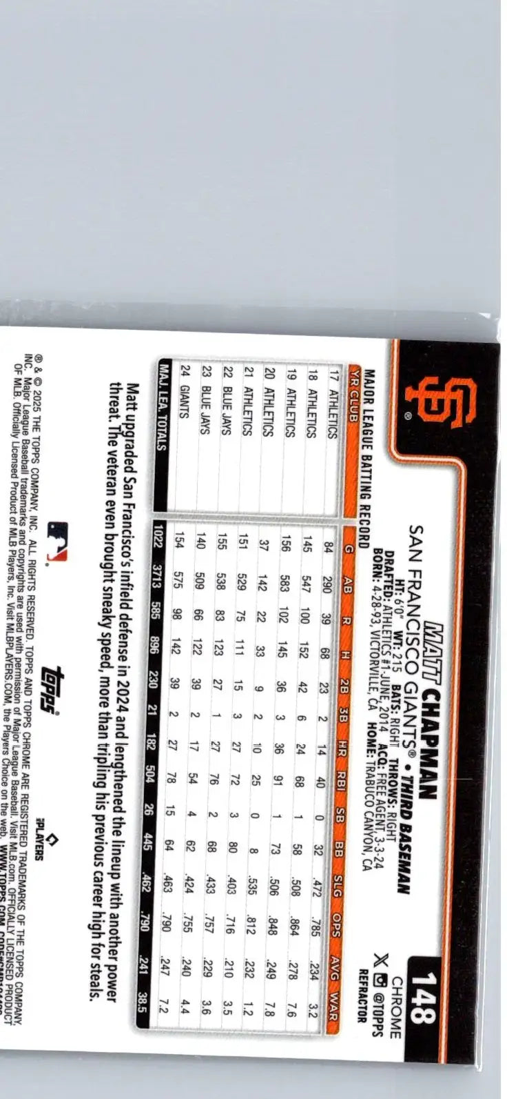 Back of a 2025 Topps Chrome Matt Chapman Refractors baseball trading card showing Chapman refractors