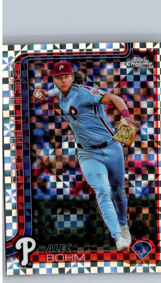 Baseball trading card of Alec Bohm from 2025 Topps Chrome featuring Cole Ragans X-Fractors