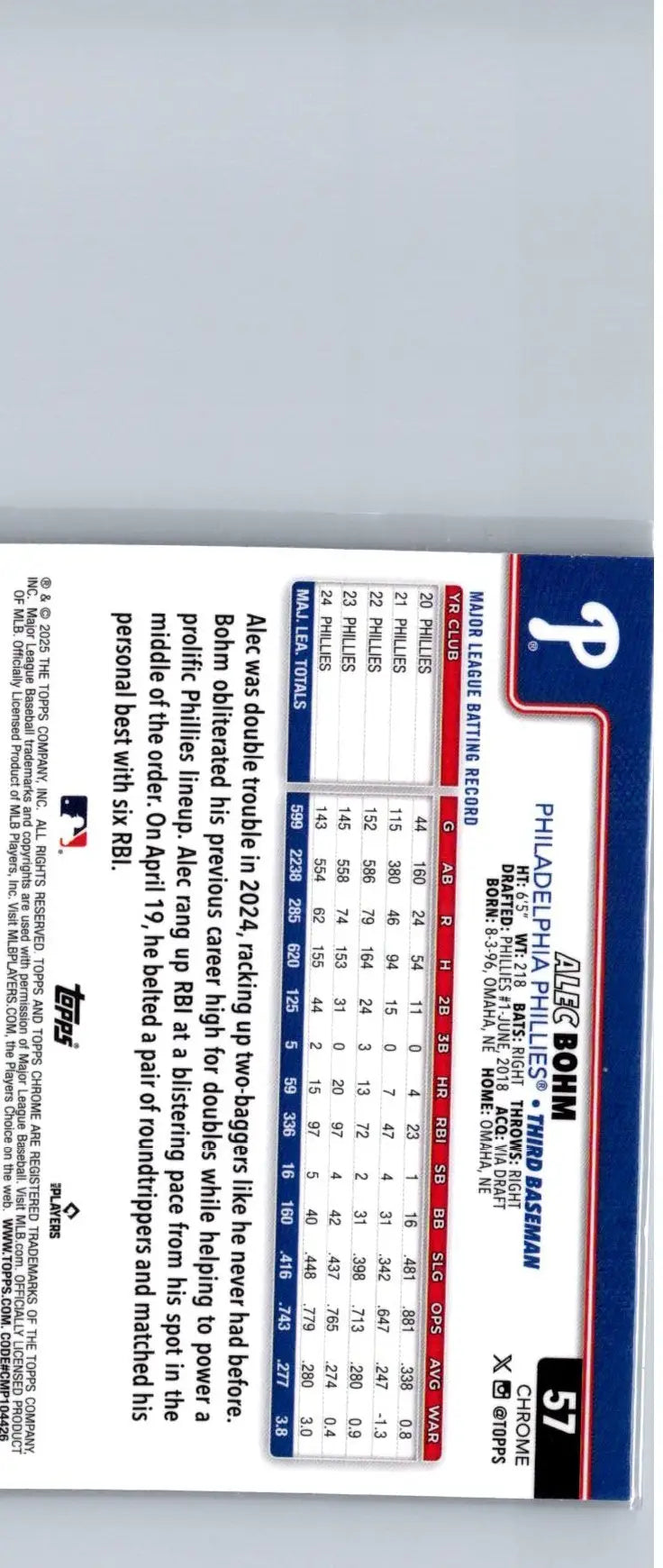 Baseball trading card of Alec Bohm from 2025 Topps Chrome featuring Cole Ragans X-Fractors