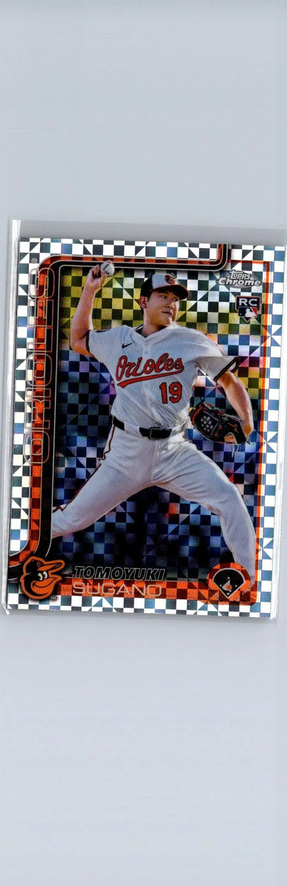 Baseball trading card featuring Tomoyuki Sugano Baltimore Orioles pitcher in Topps Chrome checkered design