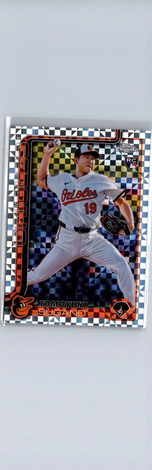 Baseball trading card featuring Tomoyuki Sugano Baltimore Orioles pitcher in Topps Chrome checkered design