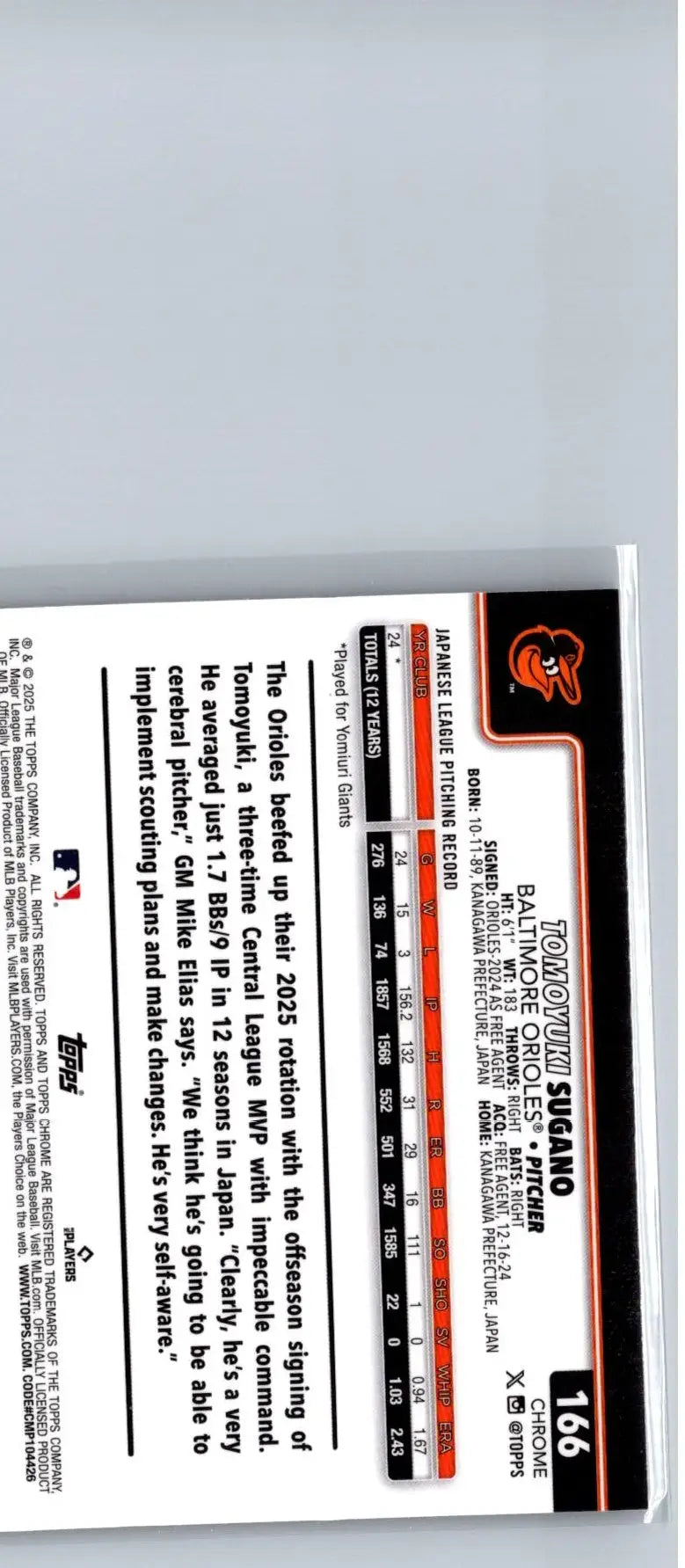 Baseball trading card of Tomoyuki Sugano from Topps Chrome 2025 series