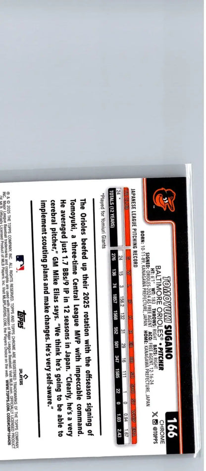 Baseball trading card of Tomoyuki Sugano from Topps Chrome 2025 series