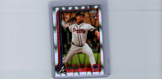 Collectible Grant Holmes Raywave Refractors baseball card in protective case featuring Holmes in Braves uniform
