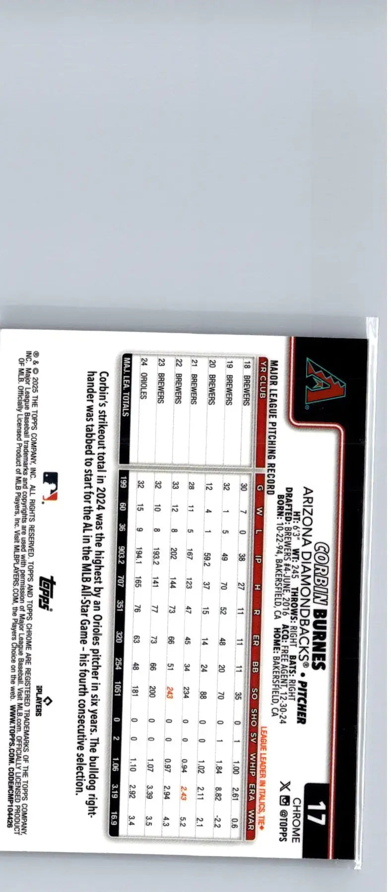 Back of 2025 Topps Chrome Corbin Burnes Raywave Refractors trading card showing stats