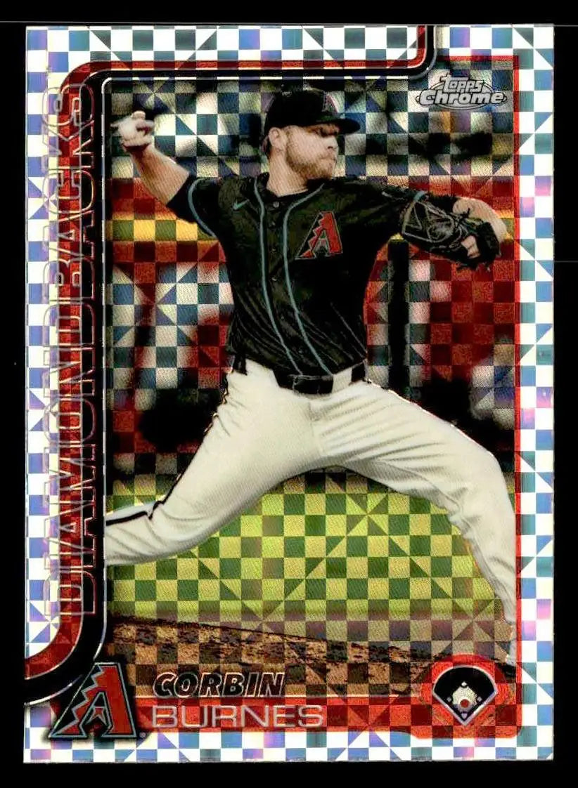 Baseball trading card featuring Corbin Burnes in action from 2025 Topps Chrome Arizona Diamondbacks