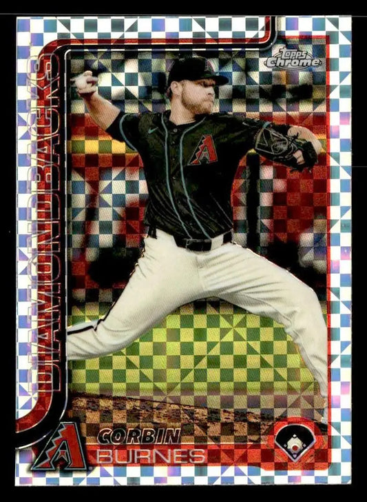 Baseball trading card featuring Corbin Burnes in action from 2025 Topps Chrome Arizona Diamondbacks