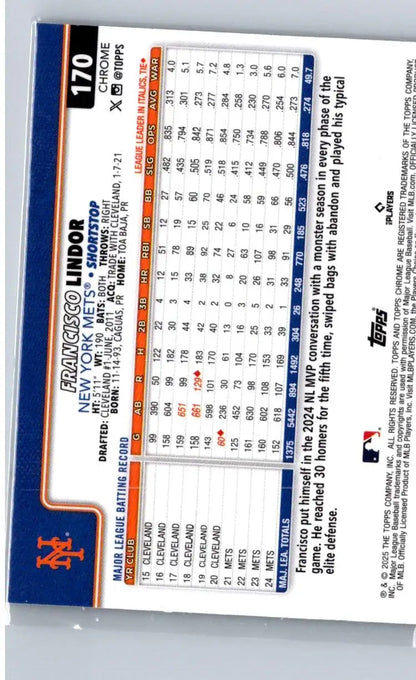 Baseball trading card featuring Francisco Lindor Frozenfractors from 2025 Topps Chrome