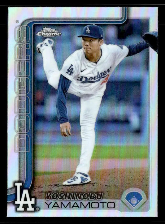 Baseball trading card of Yoshinobu Yamamoto from Topps Chrome Los Angeles Dodgers series