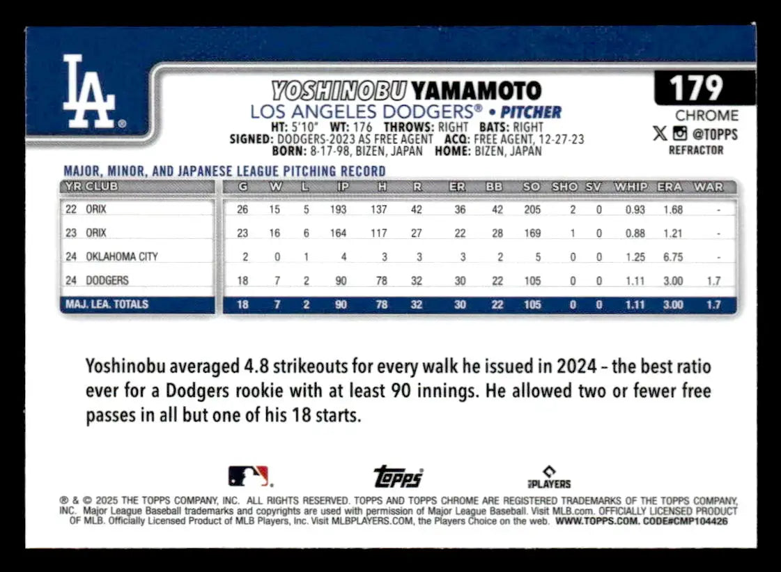 Baseball trading card featuring Yoshinobu Yamamoto from 2025 Topps Chrome Los Angeles Dodgers