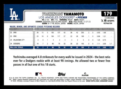 Baseball trading card featuring Yoshinobu Yamamoto from 2025 Topps Chrome Los Angeles Dodgers