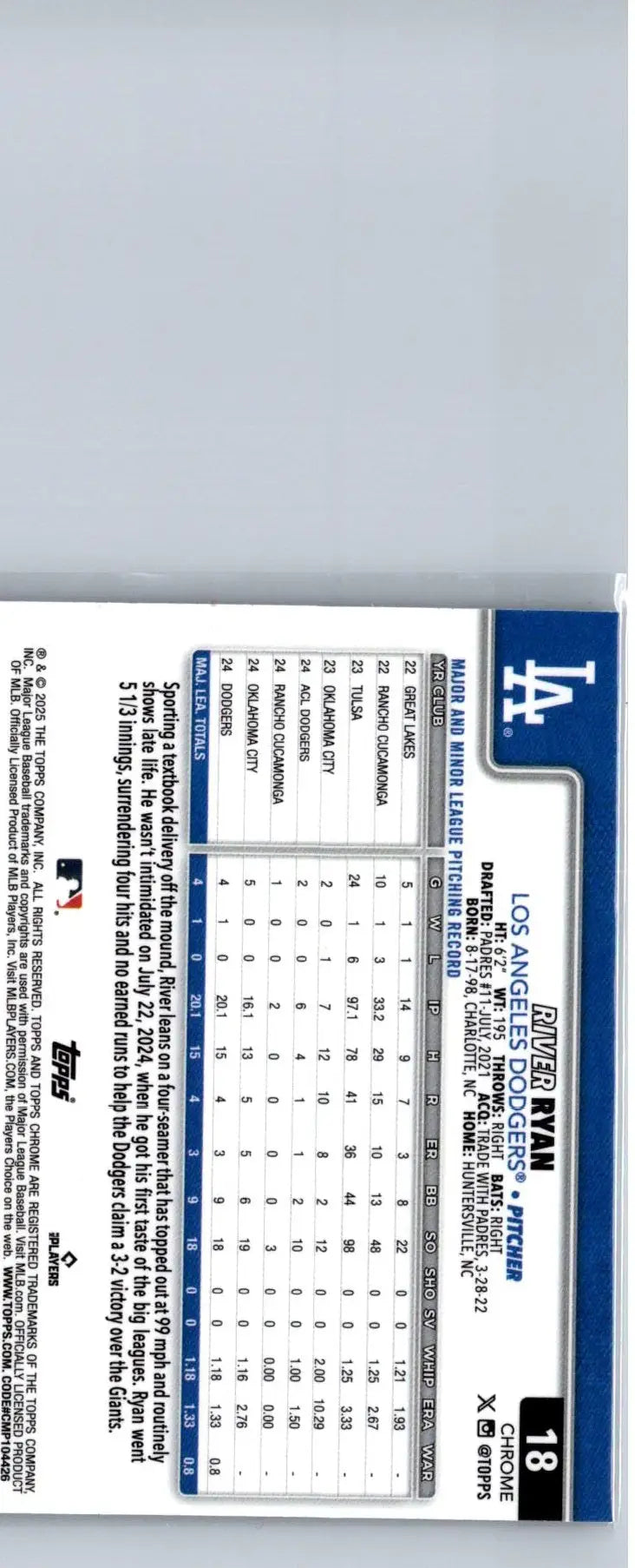 Back of a 2025 Topps Chrome River Ryan trading card featuring X-Fractors design