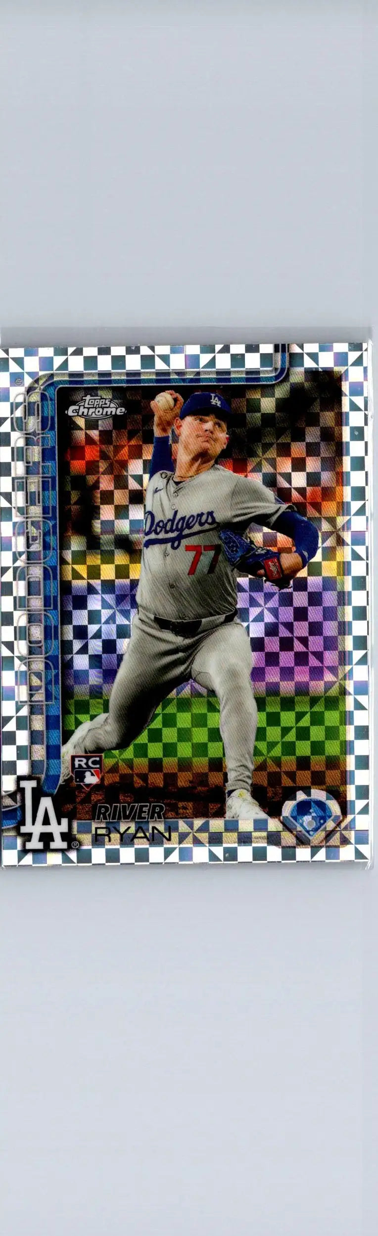 Baseball trading card featuring River Ryan Dodgers player in checkered pattern from Topps Chrome
