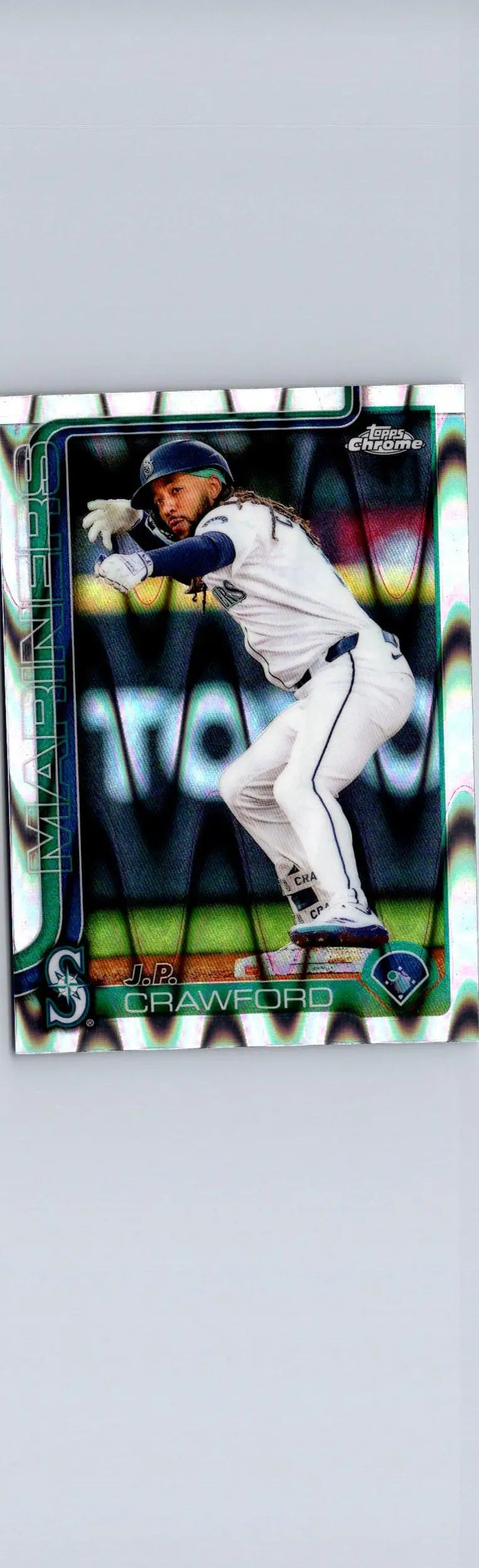 Baseball trading card of J.P. Crawford Raywave Refractors from 2025 Topps Chrome series