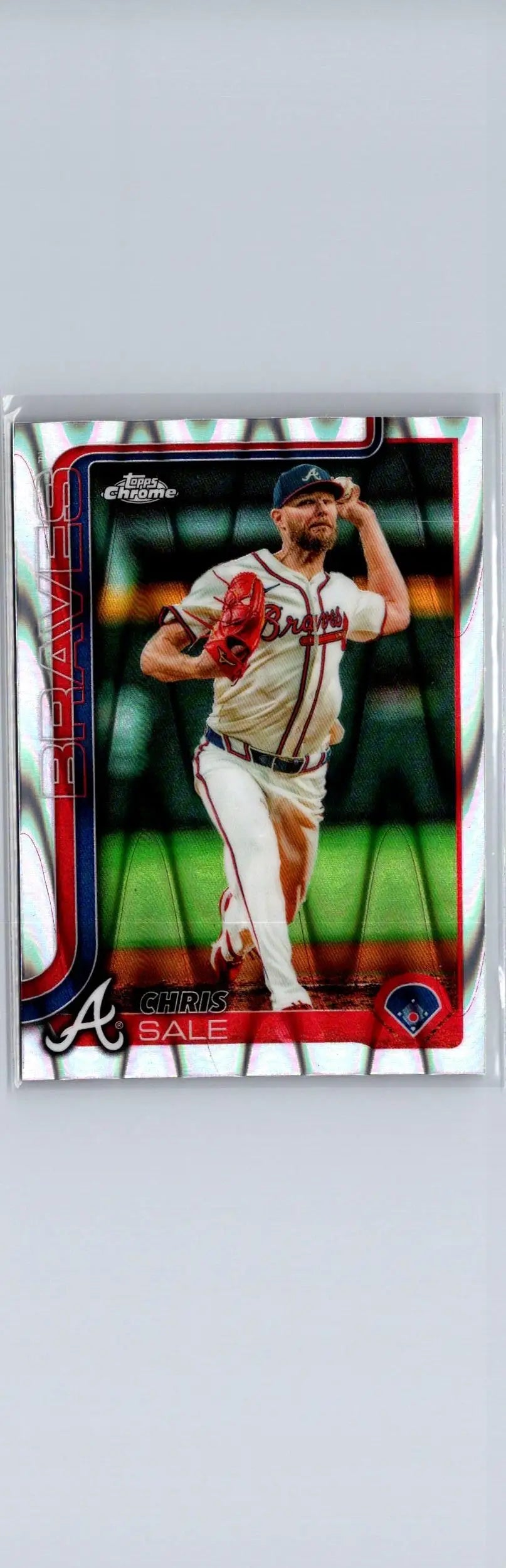 Glossy baseball trading card of Chris Sale Raywave Refractors with Atlanta Braves logo