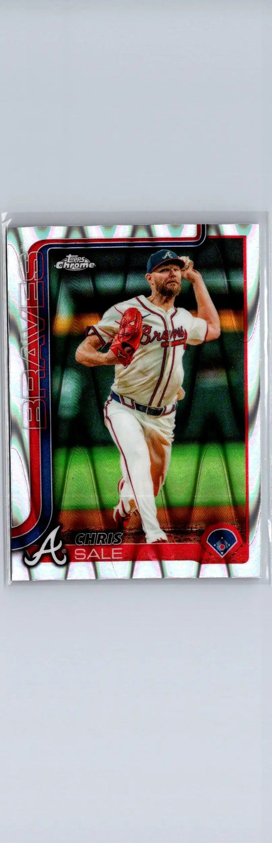 Glossy baseball trading card of Chris Sale Raywave Refractors with Atlanta Braves logo