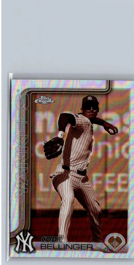 Metallic Cody Bellinger baseball card in Yankees uniform from 2025 Topps Chrome #182 Sale Sepia Refractors