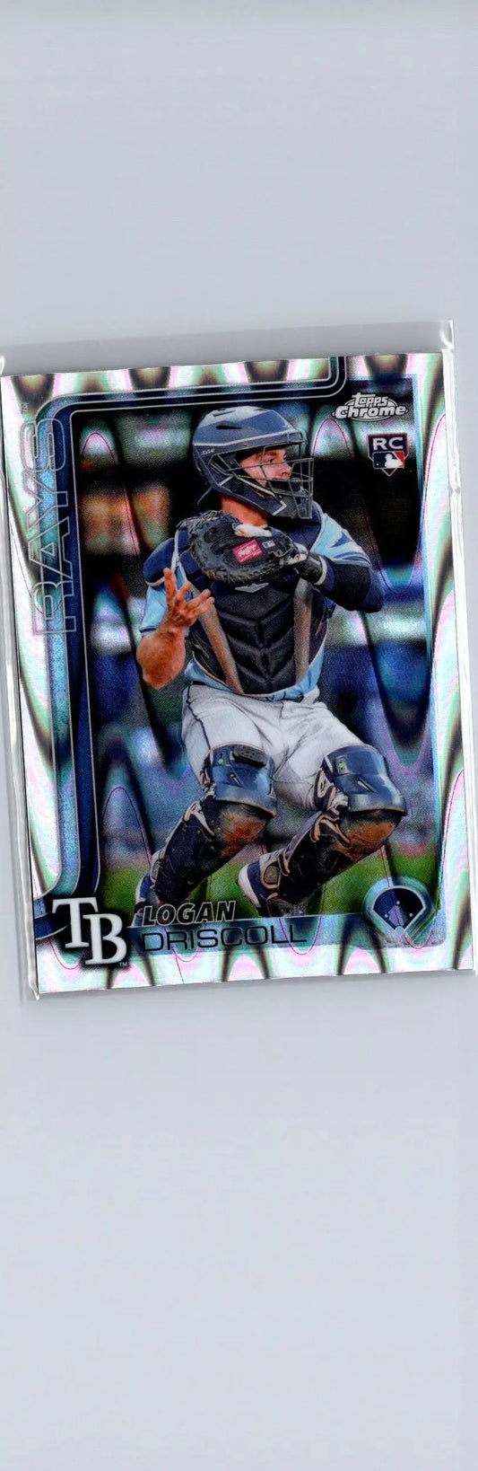 Baseball trading card featuring Logan Driscoll in Raywave Refractors style