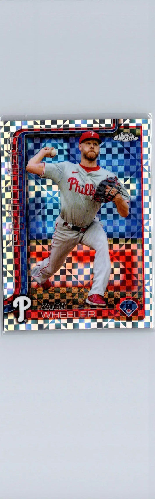 Baseball trading card featuring Zack Wheeler in Phillies uniform from 2025 Topps Chrome